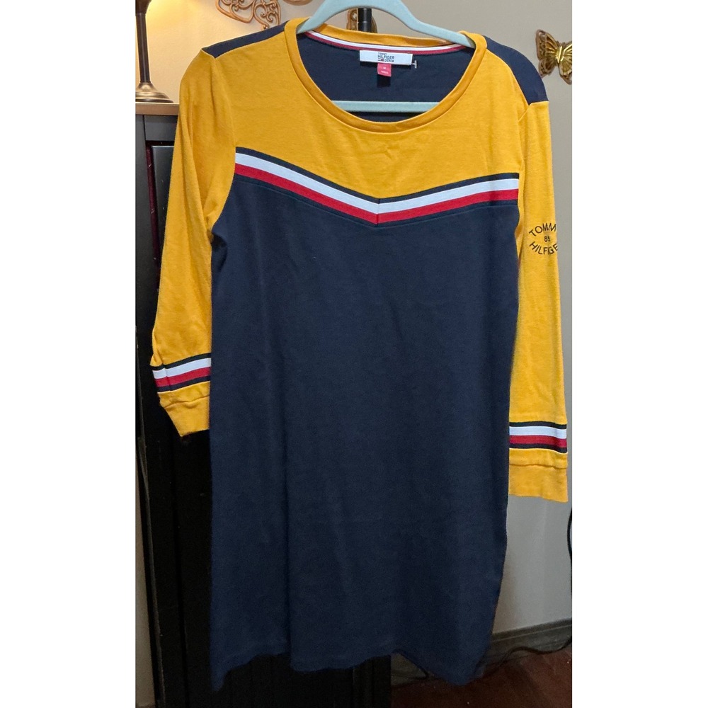 Tommy Hilfiger Colorblock Chevron Stripe T-Shirt Dress Navy Yellow Womens M